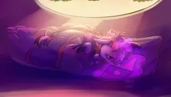 Size: 4000x2268 | Tagged: safe, alternate version, artist:imsokyo, derpibooru import, twilight sparkle, pony, unicorn, /mlp/, bed, bedroom, book, cute, female, glowing horn, golden oaks library, horn, laying on bed, lidded eyes, magic, mare, on bed, reading, solo, telekinesis, unicorn twilight
