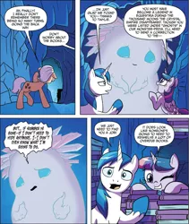 Size: 944x1116 | Tagged: safe, artist:amy mebberson, derpibooru import, idw, lexicon, shining armor, twilight sparkle, twilight sparkle (alicorn), alicorn, earth pony, pony, unicorn, friends forever, spoiler:comic, spoiler:comicff4, book, cave, crystal bard, crystal ghost, female, male, mare, stallion