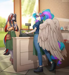 Size: 1192x1300 | Tagged: safe, artist:margony, derpibooru import, princess celestia, oc, oc:flydry, alicorn, anthro, plantigrade anthro, unicorn, apron, breasts, busty princess celestia, cash register, clothes, coffee shop, commission, cupcake, duo, duo female, eyes closed, female, food, jeans, large wings, pants, pie, ponytail, purse, shoes, skirt, smiling, wings