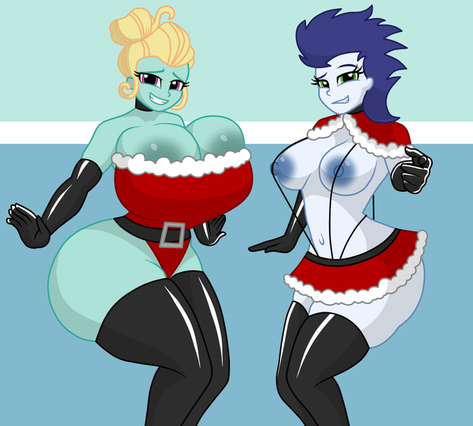 Size: 1000x900 | Tagged: questionable, artist:mashoart, derpibooru import, soarin', zephyr breeze, equestria girls, areola, aura winds, big areola, big breasts, boots, breasts, busty aura winds, busty glide, christmas, clothes, costume, curvy, duo, duo female, equestria guys, evening gloves, female, glide, gloves, holiday, huge breasts, impossibly large breasts, large butt, latex, latex gloves, long gloves, looking at you, nipples, nudity, partial nudity, rule 63, santa costume, sexy, sexy santa costume, shoes, the ass was fat, thigh boots, thighs, thunder thighs, useless clothing