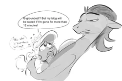 Size: 2020x1340 | Tagged: safe, artist:imsokyo, derpibooru import, diamond tiara, filthy rich, earth pony, pony, unicorn, /mlp/, 4chan, drawthread, duo, father and child, father and daughter, female, male, monochrome