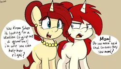 Size: 966x557 | Tagged: safe, artist:an-tonio, derpibooru import, oc, oc:golden brooch, oc:silver draw, unofficial characters only, pony, unicorn, annoyed, blushing, dialogue, ear piercing, earring, engrish, female, flat background, freckles, grammar error, hair bun, jewelry, mother and child, mother and daughter, mothers gonna mother, necklace, piercing, pixel art, ponytail, speech, speech bubble, talking, that pony sure does want grandfoals