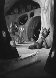 Size: 1200x1650 | Tagged: artist:sa1ntmax, changeling, changeling hive, commission, derpibooru import, fanfic art, fanfic:that changeling's a pony!, grayscale, illustration, monochrome, safe