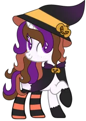 Size: 1376x1948 | Tagged: safe, artist:celestial-rue0w0, artist:pegasski, derpibooru import, oc, oc:mystic brew, unofficial characters only, pony, unicorn, base used, cape, clothes, commission, female, freckles, gloves, hat, mare, multicolored hair, pumpkin, raised hoof, simple background, socks, solo, striped socks, transparent background, witch, witch hat