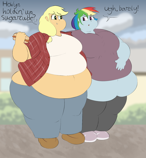 Size: 2310x2500 | Tagged: safe, artist:lupin quill, derpibooru import, applejack, rainbow dash, equestria girls, amplejack, appledash, applefat, bare midriff, bbw, belly, belly button, belly grab, big belly, big breasts, breasts, busty applejack, busty rainbow dash, chubby cheeks, clothes, dialogue, fat, fat fetish, female, fetish, food, hot dog, jeans, lesbian, meat, morbidly obese, obese, open mouth, pants, plaid, rainblob dash, rolls of fat, sausage, shipping, shirt, shoes, ssbbw, stuffed, thighs, thunder thighs, wardrobe malfunction, wide hips