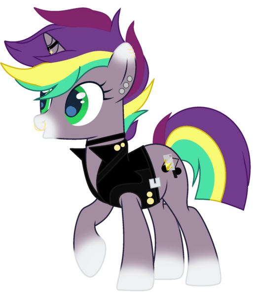 Size: 1690x1954 | Tagged: safe, artist:celestial-rue0w0, artist:tocyabases, derpibooru import, oc, oc:punk note, unofficial characters only, pony, unicorn, base used, choker, clothes, commission, ear piercing, earring, female, horn, horn ring, jacket, jewelry, leather jacket, mare, markings, multicolored hair, nose piercing, nose ring, piercing, raised hoof, ring, simple background, solo, transparent background