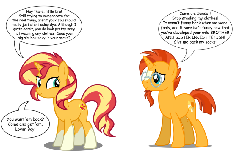 Size: 8557x5842 | Tagged: suggestive, derpibooru import, editor:wild stallions, stellar flare, sunburst, sunset shimmer, pony, unicorn, accessory theft, brother and sister, female, flirting, hentai quotes, incest, male, mother and son, ponies wearing sunburst's socks, shimmerburst, shipping, siblings, sockless sunburst, socks (coat marking), speech bubble, straight, suncest, suncest shimmer, sunny siblings, this will end in incest, vector, we don't normally wear clothes