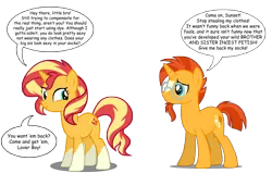 Size: 8557x5842 | Tagged: suggestive, derpibooru import, editor:wild stallions, stellar flare, sunburst, sunset shimmer, pony, unicorn, accessory theft, brother and sister, female, flirting, hentai quotes, incest, male, mother and son, ponies wearing sunburst's socks, shimmerburst, shipping, siblings, sockless sunburst, socks (coat marking), speech bubble, straight, suncest, suncest shimmer, sunny siblings, this will end in incest, vector, we don't normally wear clothes