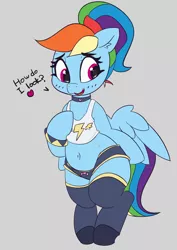 Size: 2903x4104 | Tagged: safe, artist:pabbley, derpibooru import, rainbow dash, pegasus, pony, adorasexy, alternate hairstyle, belly, belly button, bracelet, bronybait, chubby, clothes, collar, cute, dashabetes, dialogue, female, jewelry, mare, ponytail, rainbow dash always dresses in style, sexy, shorts, socks, solo, standing, stupid sexy rainbow dash, tanktop