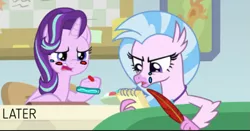 Size: 913x477 | Tagged: suggestive, artist:gooeybird, derpibooru import, edit, edited screencap, screencap, silverstream, starlight glimmer, hippogriff, unicorn, comic:the love birds, student counsel, 1000 hours in ms paint, angry, blushing, candy, candy bowl, comic, couch, cropped, crying, embarrassed, food, hooves on the table, implied gallus, jewelry, necklace, notepad, office, parody, part 2, sad, scene parody, sitting, starlight's office, story included