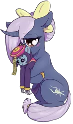 Size: 652x1108 | Tagged: safe, artist:t72b, derpibooru import, oc, oc:ghost orchid, ponified, pony, unicorn, 2020 community collab, derpibooru community collaboration, blushing, bow, curved horn, darkstalkers, female, filly, hair bow, hoof hold, horn, hsien-ko, hug, jiangshi, lei-lei, mare, orchid, plushie, shy, simple background, sitting, solo, transparent background