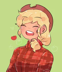 Size: 773x900 | Tagged: apple, applejack, artist:perperu, bust, cute, derpibooru import, eyes closed, female, flannel, food, green background, heart, human, humanized, jackabetes, obligatory apple, open mouth, safe, simple background, solo