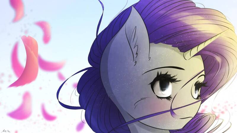 Size: 1192x670 | Tagged: safe, artist:maneingreen, derpibooru import, rarity, pony, unicorn, cheek fluff, ear fluff, flower petals, solo