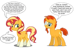 Size: 8557x5842 | Tagged: safe, derpibooru import, edit, editor:wild stallions, sunburst, sunset shimmer, pony, unicorn, accessory theft, brother and sister, female, male, playful, ponies wearing sunburst's socks, sfw edit, sibling teasing, siblings, socks (coat marking), speech bubble, sunny siblings, vector