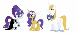 Size: 1280x572 | Tagged: safe, artist:springthornwillow, derpibooru import, prince blueblood, rarity, oc, oc:flower bouquet, pony, unicorn, alternate hairstyle, base used, clothes, deviantart watermark, dress, ear piercing, earring, family, female, filly, floral head wreath, flower, jewelry, male, necklace, obtrusive watermark, offspring, parent:prince blueblood, parent:rarity, parents:rariblood, piercing, rariblood, sandals, shipping, simple background, straight, tiara, watermark, white background