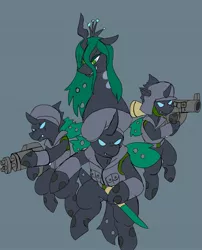 Size: 1657x2048 | Tagged: armor, artist:omegapony16, changeling, changeling oc, changeling queen, changeling queen oc, clothes, derpibooru import, female, gray background, green changeling, gun, hat, hoof hold, oc, rocket launcher, safe, simple background, smiling, smirk, soldier, turban, unofficial characters only, vest, weapon