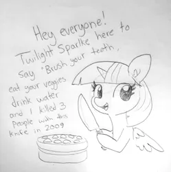 Size: 1440x1444 | Tagged: safe, artist:tjpones, derpibooru import, twilight sparkle, twilight sparkle (alicorn), alicorn, pony, cake, food, hoof hold, implied murder, knife, monochrome, mood whiplash, murder, pencil drawing, solo, talking to viewer, traditional art