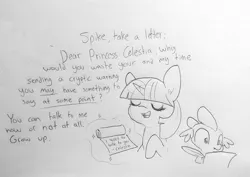 Size: 1825x1291 | Tagged: safe, artist:tjpones, derpibooru import, spike, twilight sparkle, dear princess celestia, duo, eyes closed, pencil drawing, quill, scroll, traditional art, writing