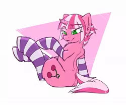Size: 1024x853 | Tagged: safe, artist:lucas_gaxiola, derpibooru import, oc, oc:cherry days, unofficial characters only, pony, unicorn, abstract background, clothes, eye clipping through hair, female, horn, mare, sitting, smiling, socks, striped socks, unicorn oc