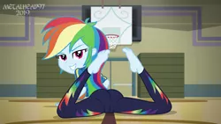 Size: 8000x4500 | Tagged: suggestive, artist:metalhead97, derpibooru import, rainbow dash, equestria girls, ass, athletic, barefoot, basketball hoop, bedroom eyes, butt, cameltoe, clothes, commission, feet, female, flexible, gym, gymnasium, leggings, looking at you, looking back, looking back at you, looking over shoulder, prone, rainbutt dash, sexy, show accurate, soles, solo, sports, stupid sexy rainbow dash, teasing