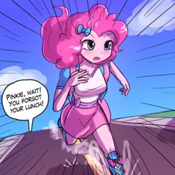 Size: 750x750 | Tagged: safe, artist:lumineko, derpibooru import, pinkie pie, equestria girls, bow, clothes, dialogue, digital art, female, hair bow, running, schoolgirl toast, skirt, solo, speech bubble