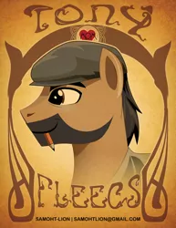 Size: 2550x3300 | Tagged: safe, artist:samoht-lion, derpibooru import, ponified, earth pony, pony, beard, bust, clothes, facial hair, flat cap, hat, male, mouth hold, pencil, smiling, stallion, text, tony fleecs