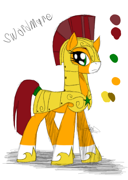 Size: 985x1385 | Tagged: safe, artist:didun850, derpibooru import, oc, oc:swordmare, unofficial characters only, earth pony, pony, armor, earth pony oc, helmet, hoof shoes, reference sheet, simple background, solo, white background