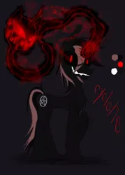 Size: 1000x1400 | Tagged: safe, artist:didun850, derpibooru import, oc, oc:twister, unofficial characters only, pony, shadow pony, unicorn, black sclera, dark background, glowing eyes, grin, horn, possessed, raised hoof, red eyes, smiling, sombra eyes, unicorn oc