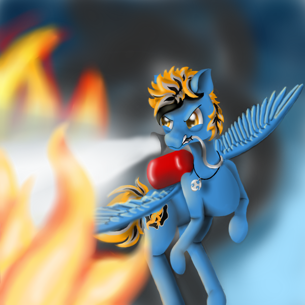 Size: 800x800 | Tagged: safe, artist:auroraswirls, derpibooru import, oc, oc:blues, unofficial characters only, pegasus, pony, fire, fire extinguisher, flying, male, mouth hold, pegasus oc, solo, stallion, wings