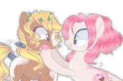 Size: 2000x1324 | Tagged: safe, artist:starling-sentry-yt, artist:tocyabases, derpibooru import, oc, oc:jiselle berry, oc:sunny, unofficial characters only, earth pony, pony, base used, female, floral head wreath, flower, leonine tail, mare, simple background, squishy cheeks, tail wrap, transparent background