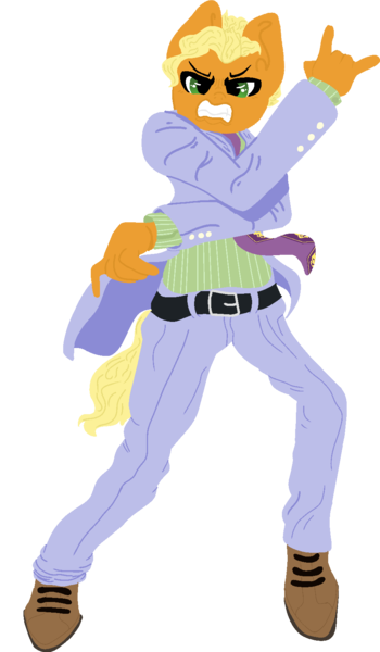 Size: 944x1618 | Tagged: safe, artist:nootaz, derpibooru import, oc, oc:rapid rescue, anthro, earth pony, pony, anatomically incorrect, angry, clothes, commission, cosplay, costume, devil horn (gesture), jojo's bizarre adventure, male, necktie, pose, simple background, stallion, suit, transparent background, yoshikage kira