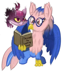 Size: 1856x2094 | Tagged: 2020 community collab, artist:venaf, atg 2018, book, cat, cheshire cat, classical hippogriff, derpibooru community collaboration, derpibooru import, glasses, hippogriff, newbie artist training grounds, oc, oc:vivian iolani, reading, red eyes, safe, simple background, sitting, transparent background