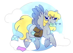 Size: 1280x932 | Tagged: safe, artist:cubbybatdoodles, derpibooru import, derpy hooves, pegasus, pony, cloud, colored wings, envelope, female, flying, hoof fluff, mailbag, mailmare, mare, missing cutie mark, mouth hold, music notes, simple background, solo, spread wings, tail feathers, transparent background, two toned wings, wings