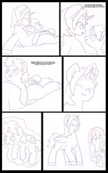 Size: 707x1131 | Tagged: safe, artist:chedx, author:bigonionbean, derpibooru import, oc, oc:king speedy hooves, oc:tommy the human, alicorn, pony, comic:the fusion flashback, alicorn oc, alicornified, child, colt, comic, commissioner:bigonionbean, cute, cute moments, dawwww, dialogue, father and child, father and son, fusion, fusion:king speedy hooves, horn, hug, laying on stomach, levitation, living room, magic, male, race swap, sketch, sketch dump, telekinesis, thought bubble, wings