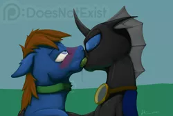 Size: 2000x1333 | Tagged: suggestive, artist:theandymac, derpibooru import, oc, oc:evening breeze, oc:seaward skies, unofficial characters only, changeling, pegasus, pony, accessory theft, blushing, changeling oc, collar, deep kissing, gay, image, kissing, making out, male, png, snapped collar, throat bulge, tongue out