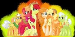 Size: 1600x784 | Tagged: safe, artist:missmele-madness, derpibooru import, apple bloom, applejack, big macintosh, bright mac, grand pear, granny smith, pear butter, pony, apple family, apple siblings, apple sisters, black background, brother and sister, deviantart watermark, father and child, father and daughter, father and son, father and son-in-law, female, husband and wife, male, mother and child, mother and daughter, mother and daughter-in-law, mother and son, obtrusive watermark, siblings, simple background, sisters, watermark