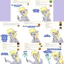 Size: 2254x2254 | Tagged: safe, artist:jitterbugjive, derpibooru import, derpy hooves, oc, oc:neosurgeon, pony, lovestruck derpy, blushing, chibi, doctor who, hologram, sonic screwdriver