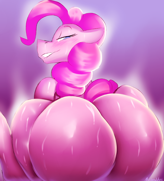 Size: 2035x2250 | Tagged: questionable, artist:murder, derpibooru import, pinkie pie, earth pony, pony, balloonbutt, bedroom eyes, blushing, butt, featureless crotch, female, floppy ears, grin, huge butt, impossibly large butt, large butt, lip bite, looking at you, looking back, looking back at you, mare, plot, raised tail, sitting, smiling, solo, solo female, sweat, sweaty ass, tail, the ass was fat