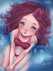 Size: 774x1032 | Tagged: anime, artist:bunsogen, bikini, blushing, breasts, busty pinkie pie, clothes, derpibooru import, digital art, edit, female, human, humanized, looking at you, pinkie pie, solo, solo female, suggestive, swimsuit, trace