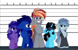 Size: 1600x1030 | Tagged: safe, artist:little-sketches, derpibooru import, oc, oc:andrea, oc:deev, oc:drax, oc:rhythm, oc:sullen night, unofficial characters only, earth pony, pegasus, pony, unicorn, chest fluff, female, floppy ears, male, mare, police lineup, stallion, sunglasses
