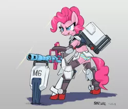 Size: 2129x1818 | Tagged: armor, artist:satv12, cannon, clothes, crossover, derpibooru import, female, ground gundam, gundam, gundam the 08th team ms, mobile suit gundam, panties, partillery, pinkie pie, semi-anthro, shield, solo, solo female, striped underwear, suggestive, underwear, weapon