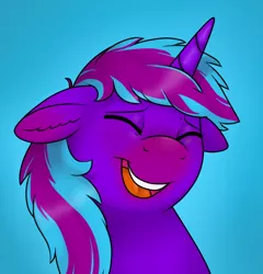 Size: 570x594 | Tagged: safe, artist:69beas, derpibooru import, oc, oc:neon eclipse, unofficial characters only, pony, unicorn, eyes closed, floppy ears, laughing, male, open mouth, simple background, solo, stallion