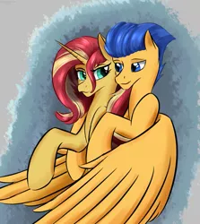 Size: 845x946 | Tagged: safe, artist:renarde-louve, derpibooru import, flash sentry, sunset shimmer, pony, female, flashimmer, hug, hug from behind, male, shipping, straight, winghug