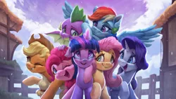 Size: 3200x1800 | Tagged: safe, artist:vanillaghosties, derpibooru import, applejack, fluttershy, pinkie pie, rainbow dash, rarity, spike, twilight sparkle, twilight sparkle (alicorn), alicorn, dragon, earth pony, pegasus, pony, unicorn, end of ponies, female, glowing horn, horn, hug, magic, magic aura, male, mane seven, mane six, mare, one eye closed, smiling, snow, snowfall, winged spike, wink