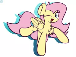 Size: 2048x1536 | Tagged: safe, artist:kimjoman, derpibooru import, fluttershy, pegasus, pony, chest fluff, cute, female, looking at you, mare, one eye closed, raised hoof, shyabetes, smiling, solo, wink