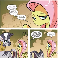 Size: 954x948 | Tagged: safe, artist:tonyfleecs, derpibooru import, idw, fluttershy, zecora, pegasus, pony, zebra, friends forever, spoiler:comic, spoiler:comicff5, comic, cropped, duo, ear piercing, earring, female, jewelry, looking back, mare, neck rings, official comic, piercing, speech bubble, stare