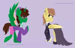 Size: 1024x658 | Tagged: safe, artist:arcticleapordfrost, derpibooru import, fluttershy, oc, oc:ferb fletcher, oc:frost d. tart, alicorn, pegasus, pony, alicorn oc, alternate hairstyle, clothes, cosplay, costume, crossdressing, eyeshadow, fluttergoth, glasses, hipstershy, horn, makeup, pierced ears, wings