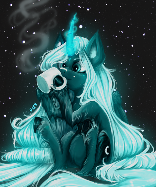 Size: 3355x4008 | Tagged: safe, artist:thewickedvix, derpibooru import, princess luna, alicorn, pony, chocolate, cozy, drinking, female, food, glowing horn, horn, hot chocolate, mare, snow, snowfall, solo, unshorn fetlocks