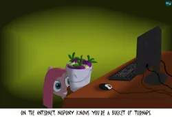 Size: 700x480 | Tagged: safe, artist:quint-t-w, derpibooru import, mr. turnip, pinkie pie, earth pony, pony, bucket, caption, computer, computer monitor, computer mouse, creepy, creepy smile, image macro, keyboard, meme, monitor, old art, on the internet nobody knows you're a dog, pinkamena diane pie, shadows, smiling, straight hair, text, turnips