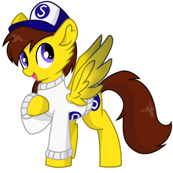 Size: 800x800 | Tagged: safe, artist:rainbow eevee, derpibooru import, oc, oc:ponyseb, pegasus, pony, 2020 community collab, derpibooru community collaboration, clothes, cute, cutie mark, daaaaaaaaaaaw, hat, male, open mouth, pegasus oc, simple background, snapback, solo, spread wings, sweater, transparent background, vector, wings